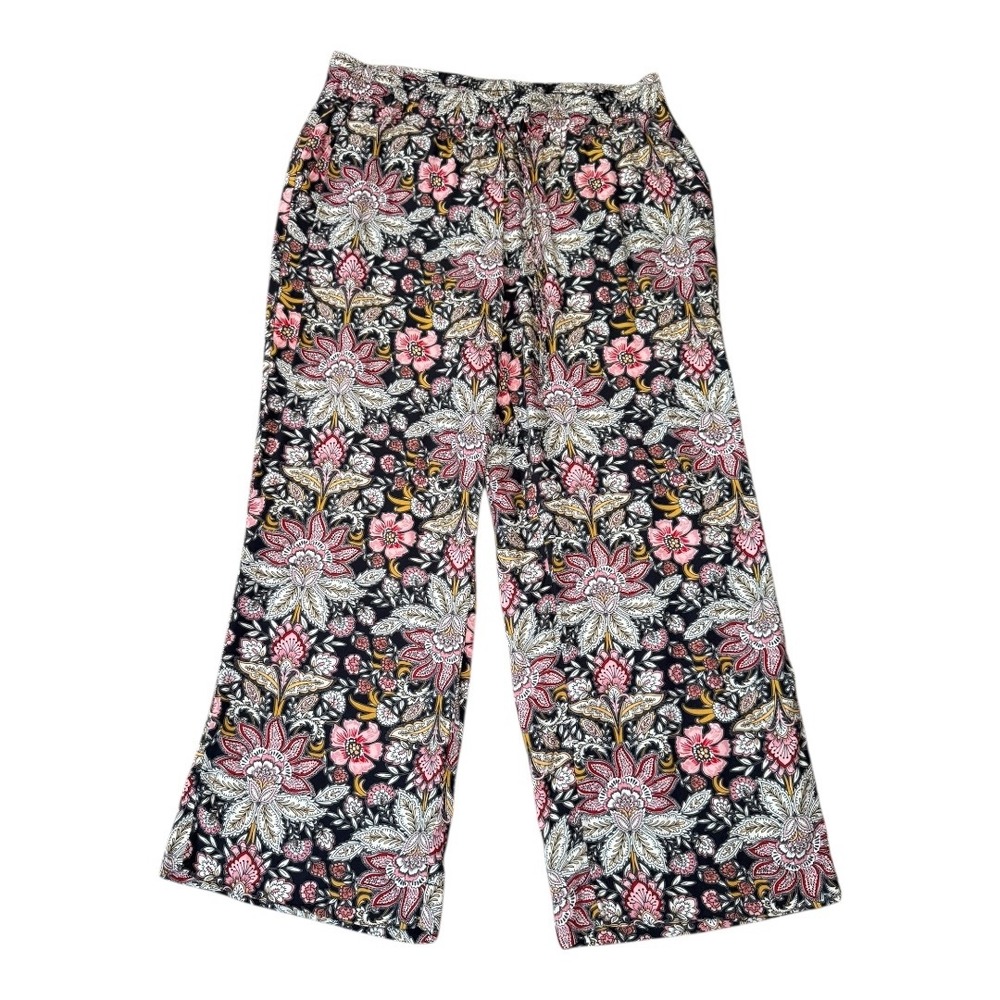 LOFT Floral Print Wide Leg Cropped Pants Smocked Waist‎ Casual Comfy Size Small